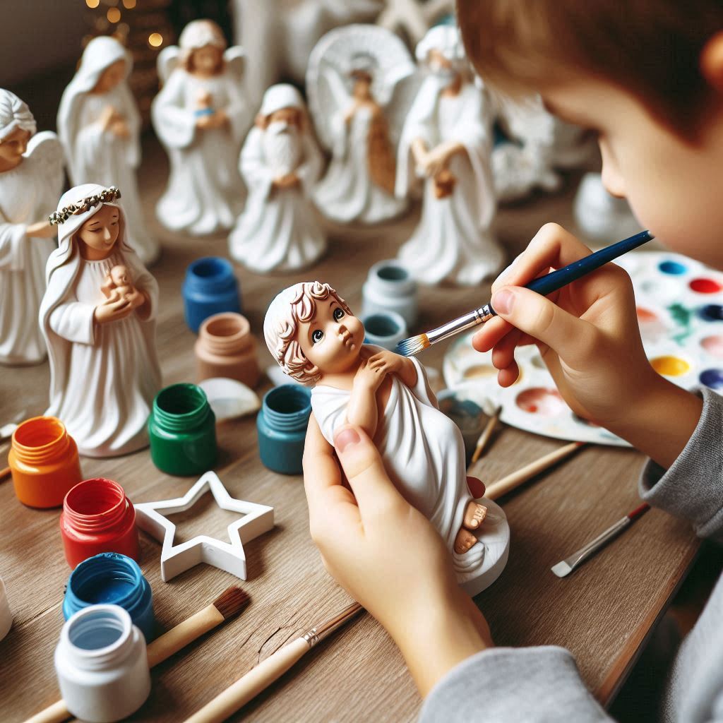 Niño pintando figuras del Belén.