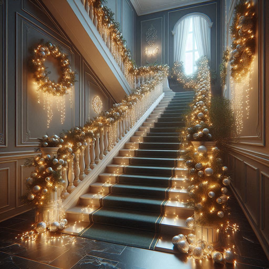 Escaleras decoradas con luces navideñas.