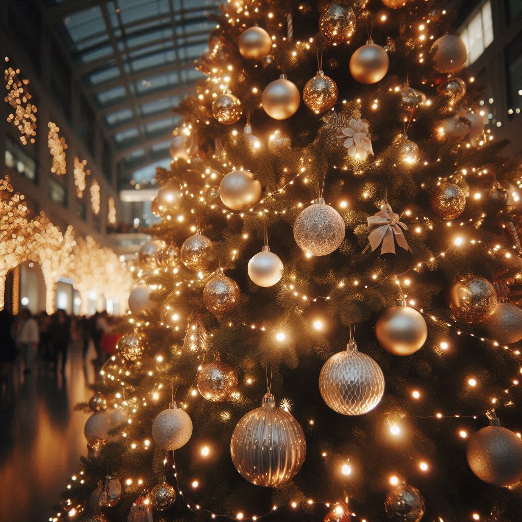 Árbol de Navidad con adornos iluminados.