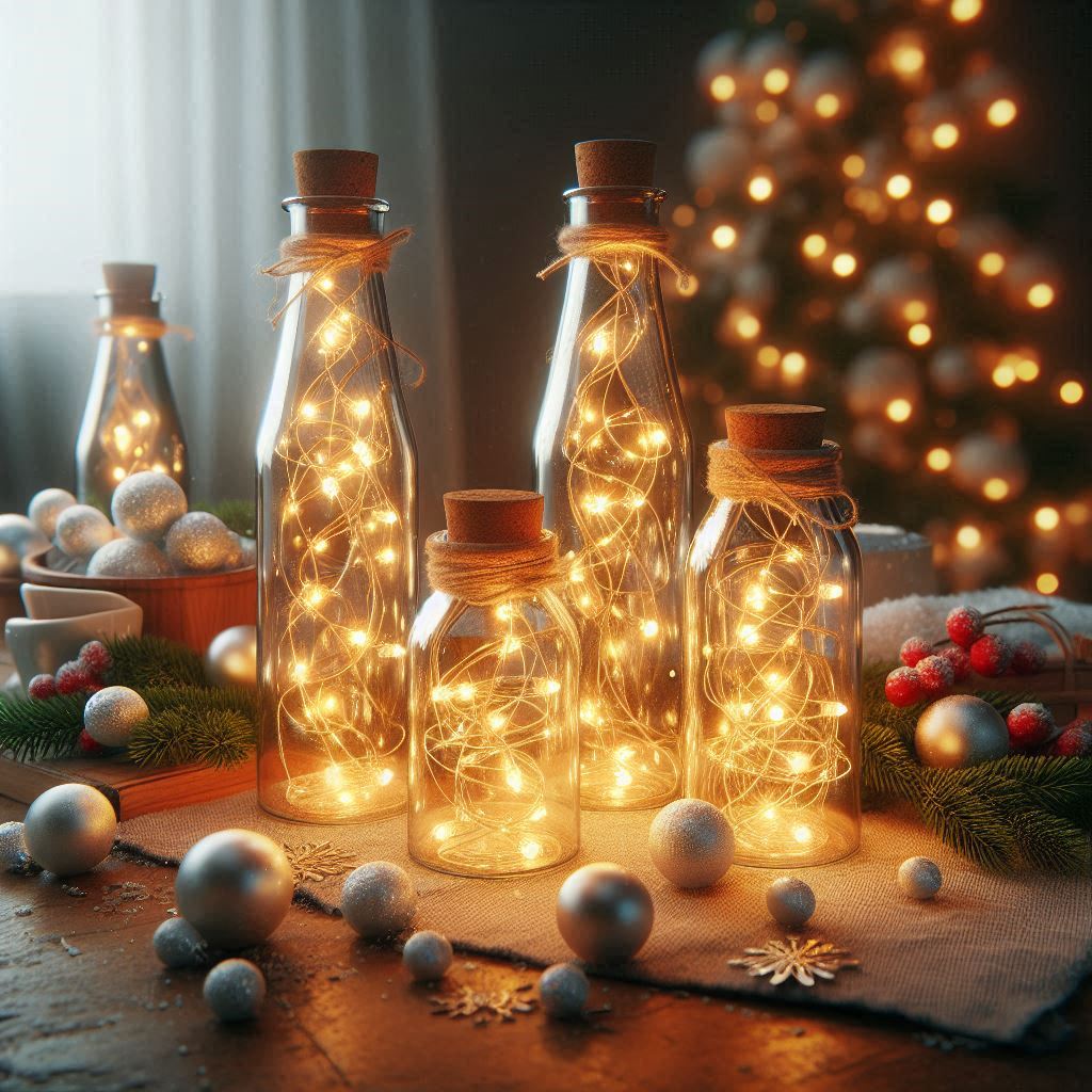 Botellas de vidrio decoradas con luces.