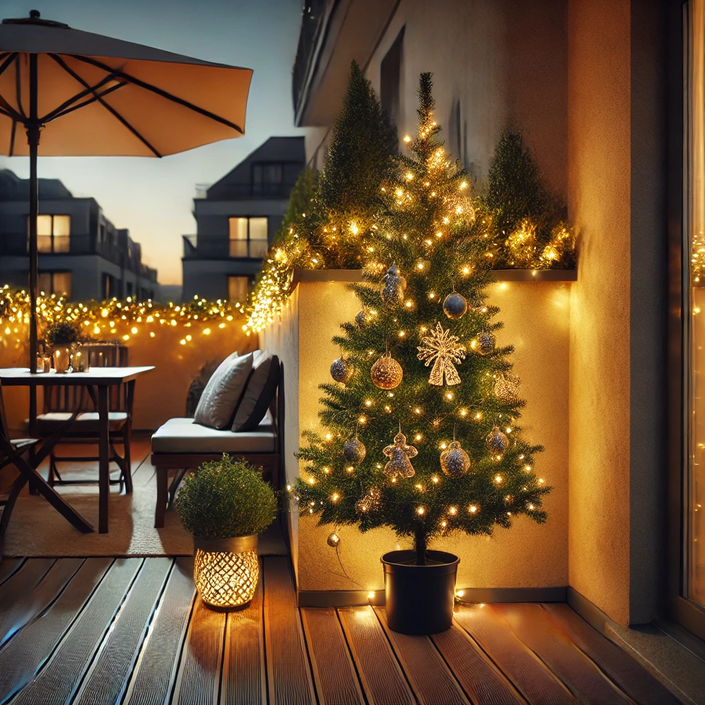 Árbol de Navidad pequeño en una terraza