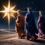 Ilustración de los Reyes Magos siguiendo la estrella de Belén