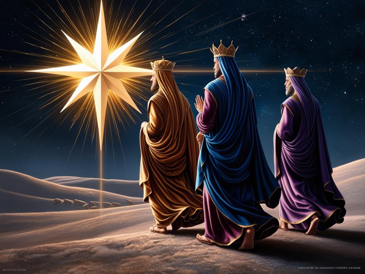 Ilustración de los Reyes Magos siguiendo la estrella de Belén