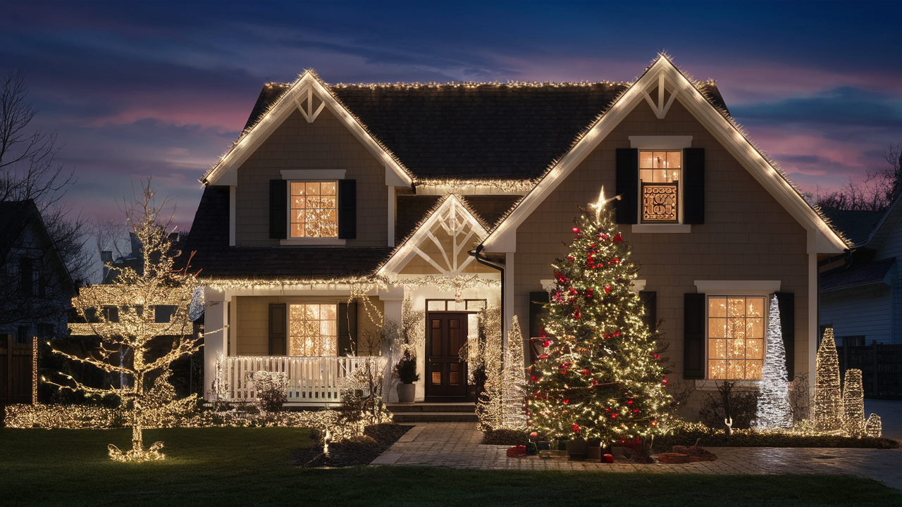 Casa decorada con luces navideñas en exterior e interior