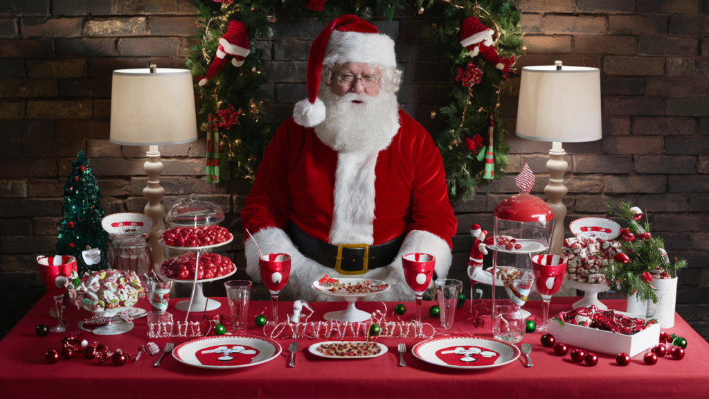 Mesa de dulces navideños con temática de Santa Claus