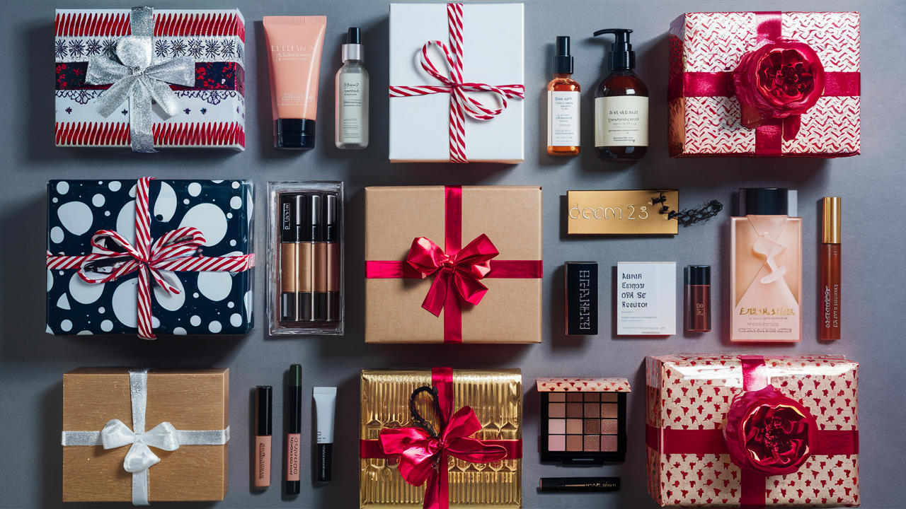 Colección de regalos de belleza envueltos para Navidad"