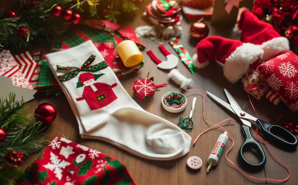 Materiales para personalizar calcetines navideños.