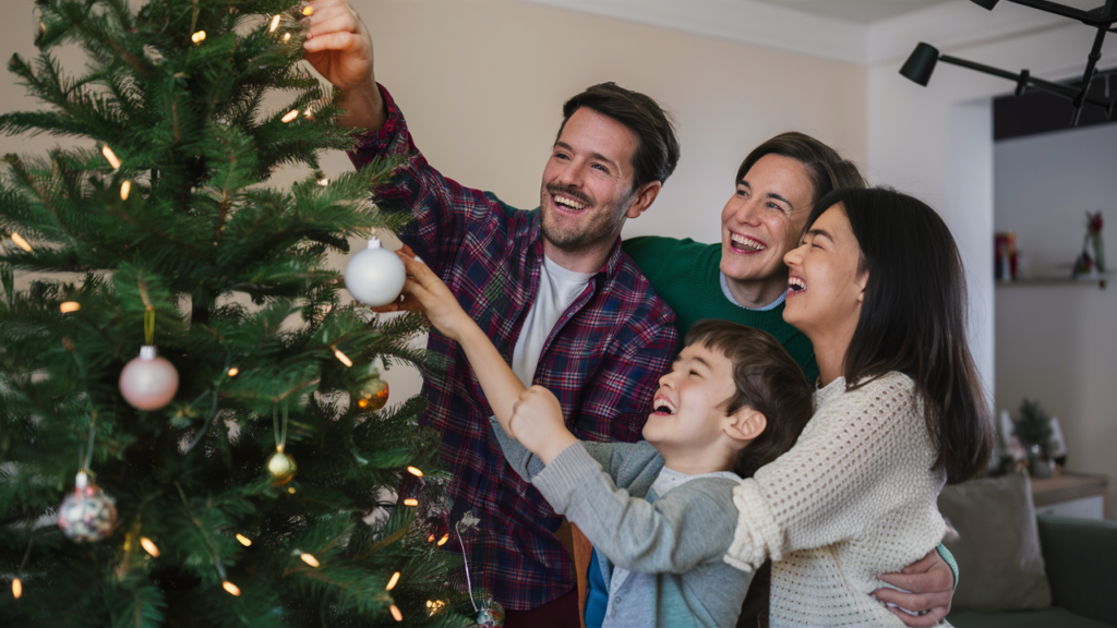 Familia decorando el árbol de Navidad juntos