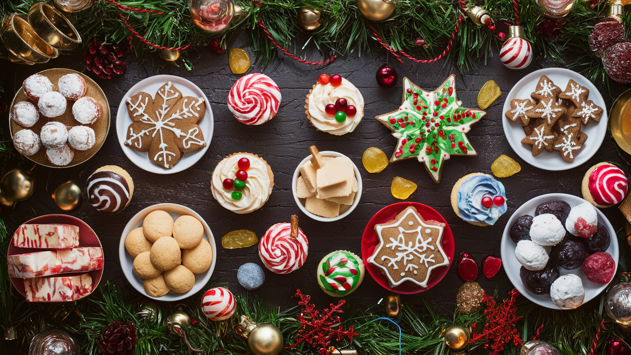 Mesa de dulces navideños decorada con luces y adornos festivos