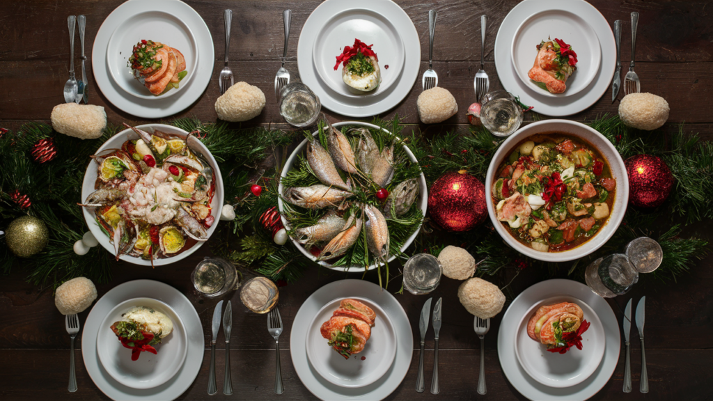 Cena de Navidad en Italia con platos de mariscos y pescados