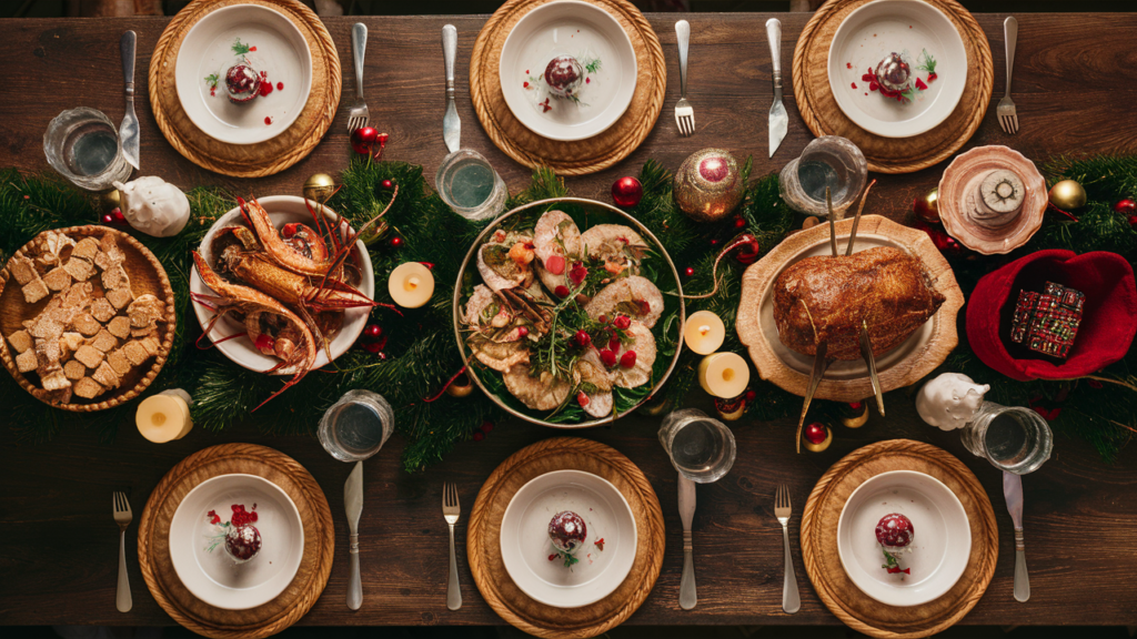 Mesa decorada con platos tradicionales para la cena de Nochebuena en España