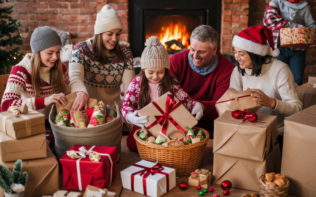 Familia feliz empacando regalos y alimentos para donar en Navidad.