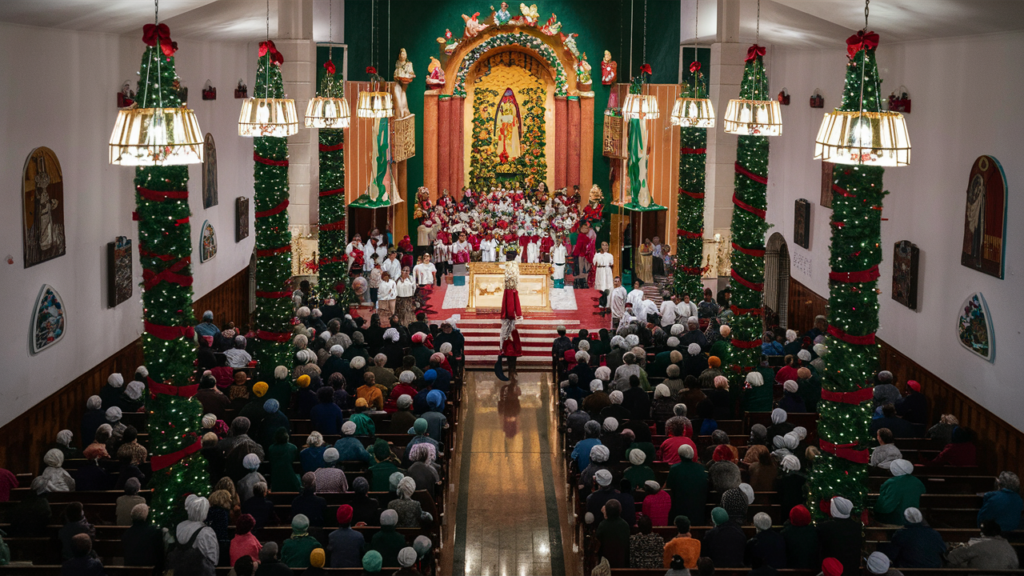 Misa de Gallo en una iglesia mexicana decorada para Navidad