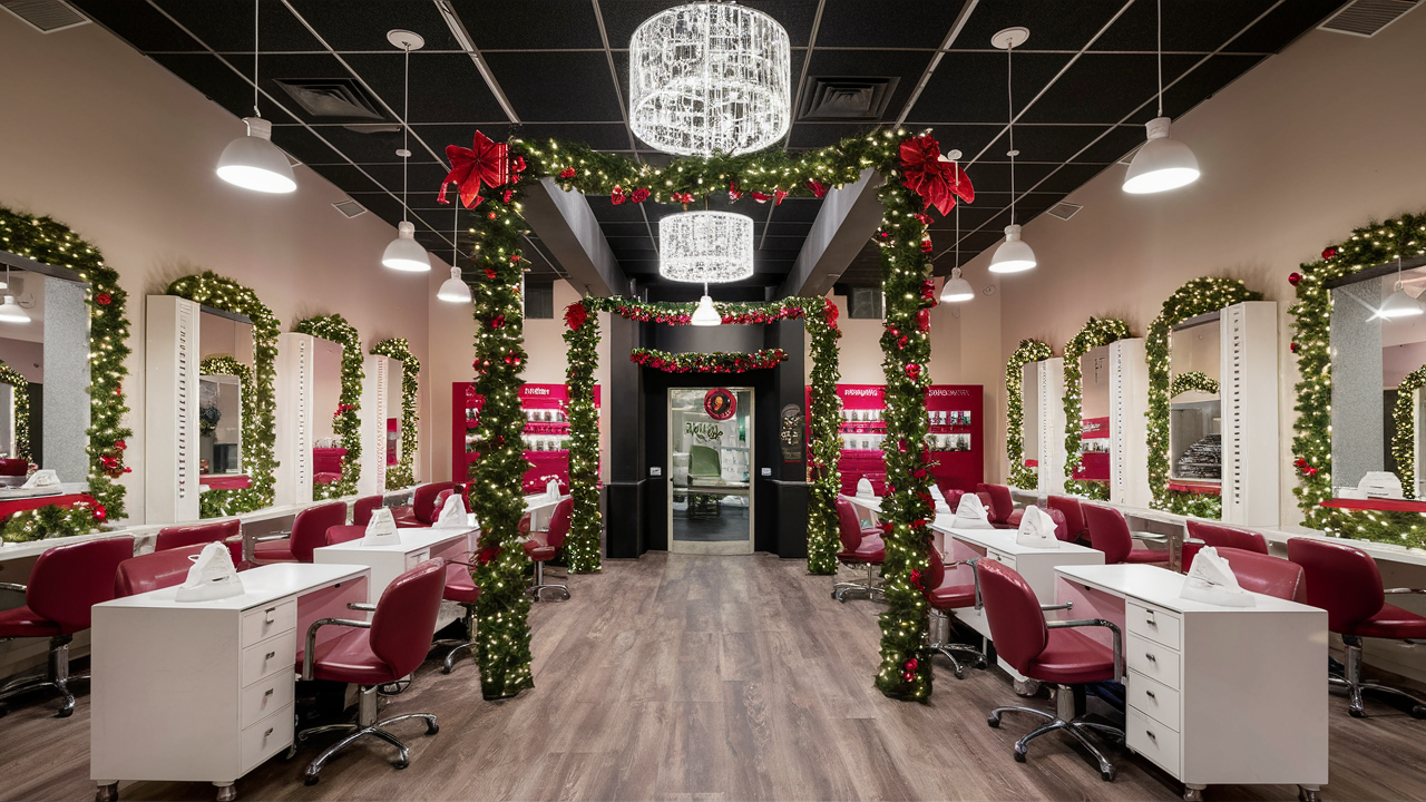 Salón de manicura decorado con luces navideñas