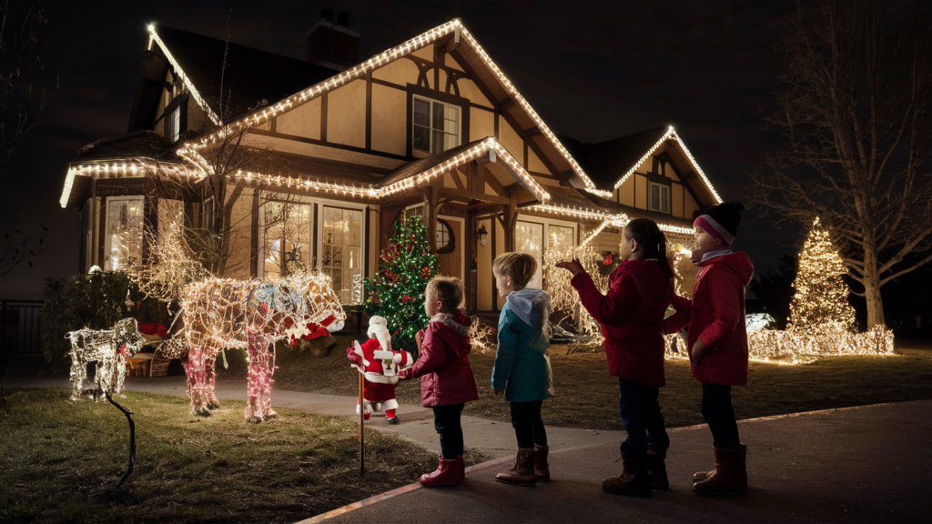 Casa decorada con luces navideñas en exterior e interior