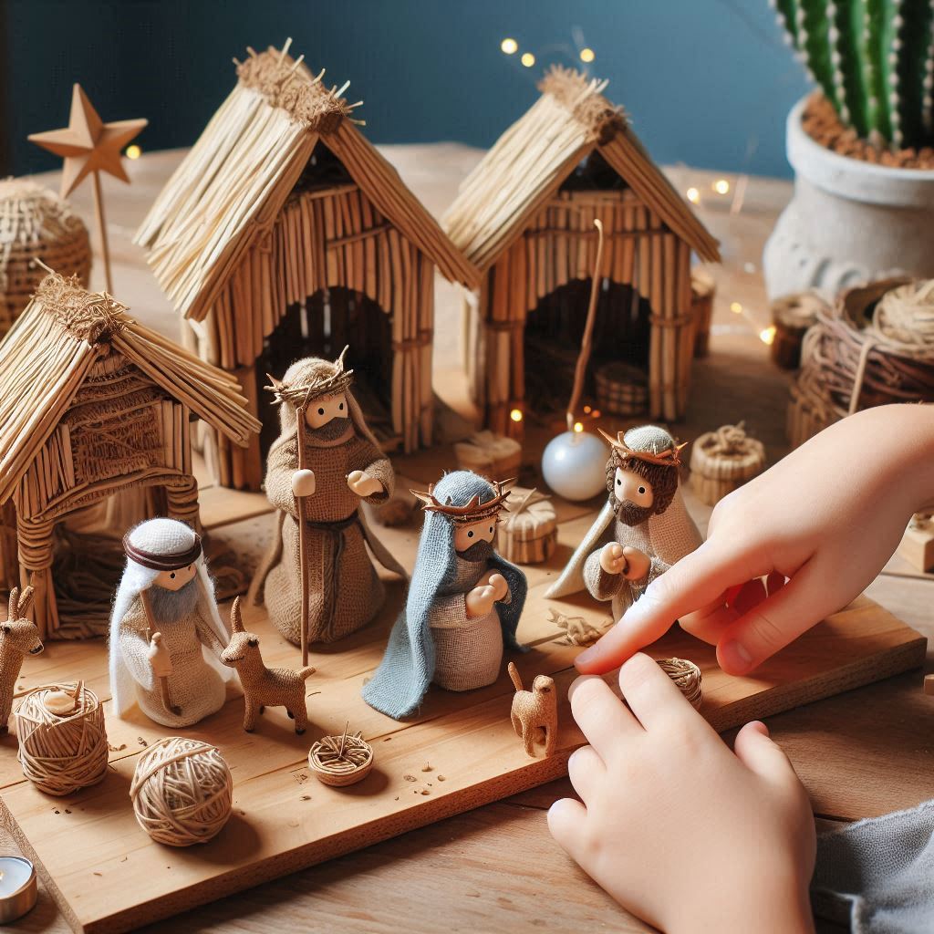 Niño colocando a los Reyes Magos en el Belén.