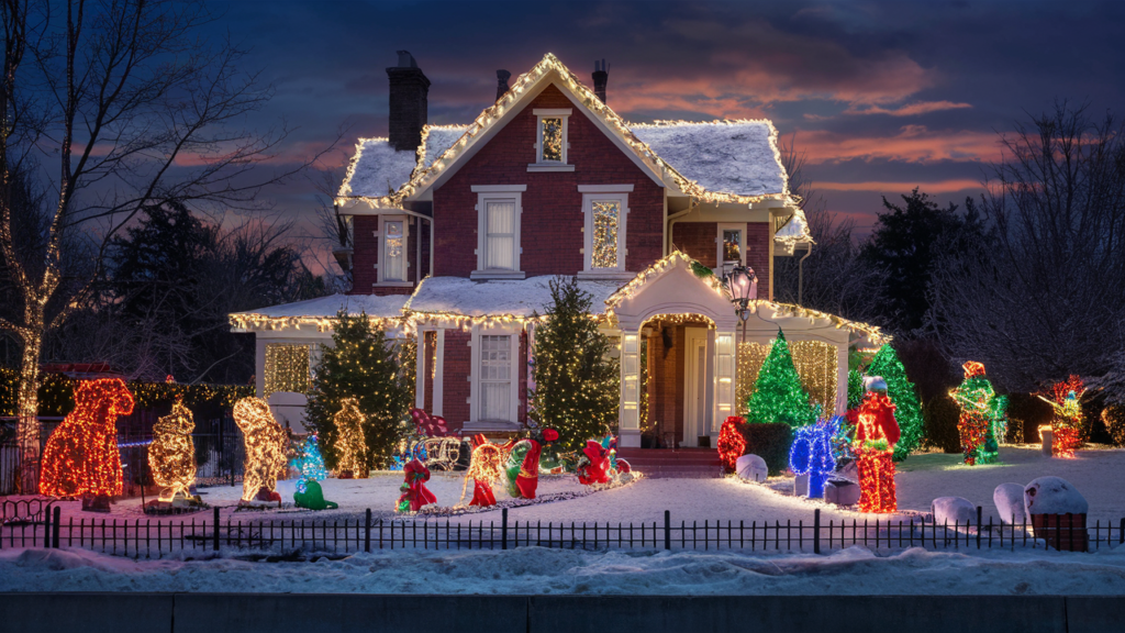 Casa decorada con luces navideñas en Estados Unidos