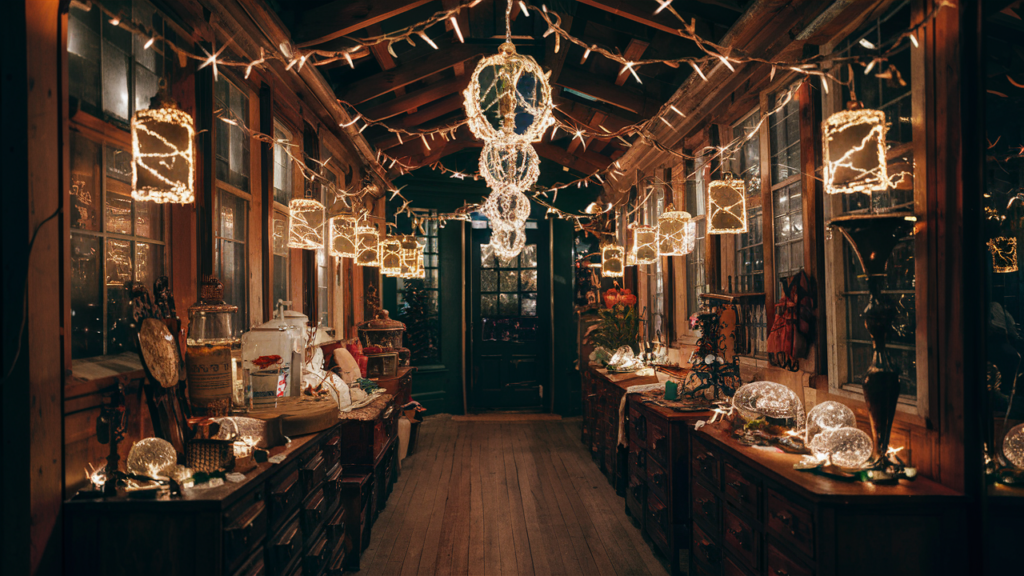 Tienda de antigüedades decorada con luces navideñas antiguas.