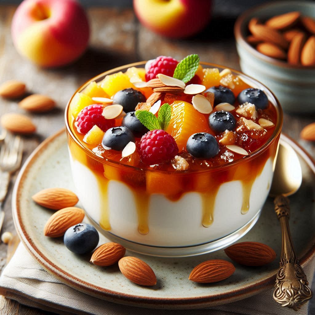 Postre ligero de yogur con frutos rojos y almendras caramelizadas