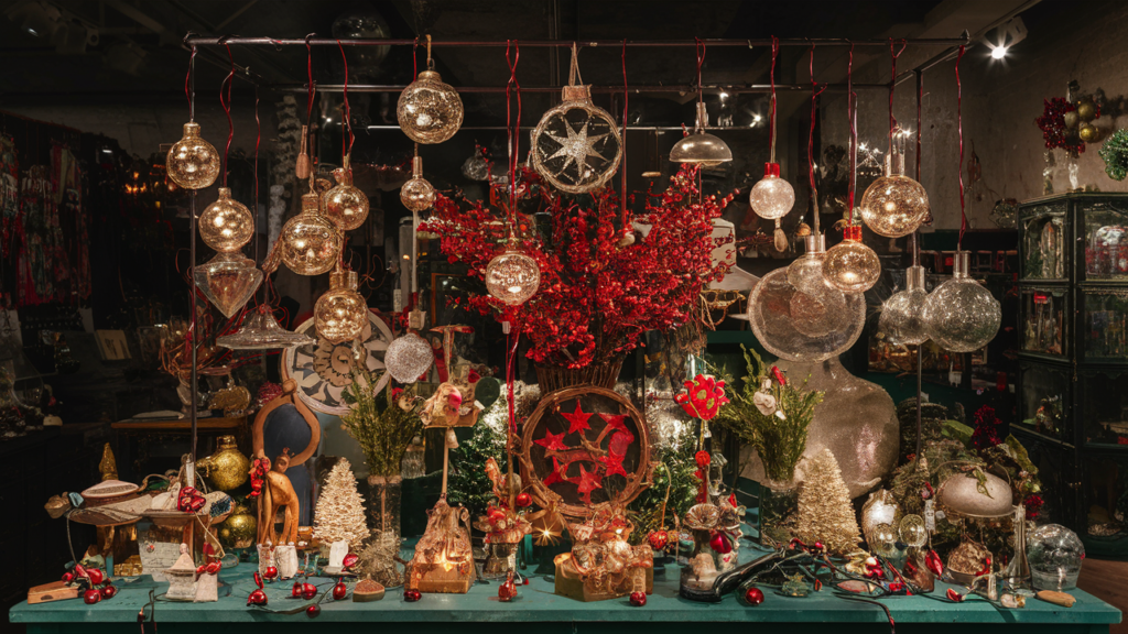 Exhibición de luces navideñas antiguas y adornos vintage.