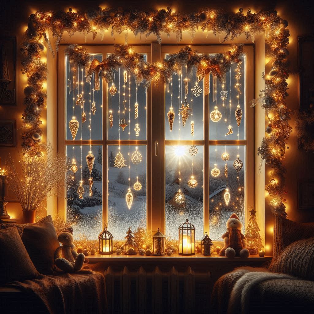 Decoración de adornos navideños en ventana con luces.