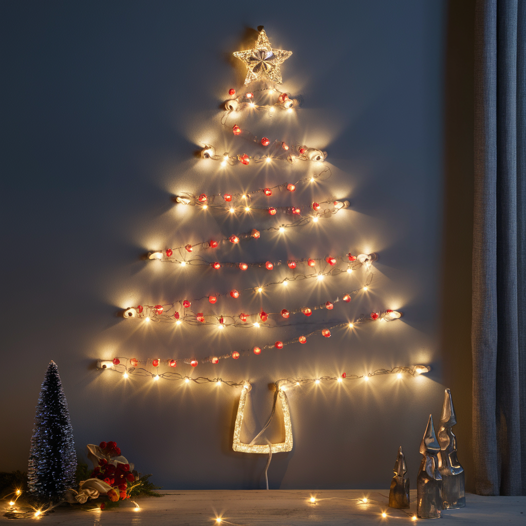 Árbol de Navidad alternativo con luces en la pared.