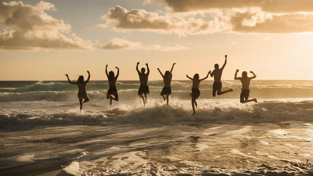 Personas saltando siete olas en Brasil